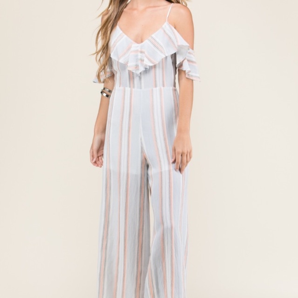 Cold Shoulder Ruffle Sleeve Striped Jumpsuit - Picture 5 of 6